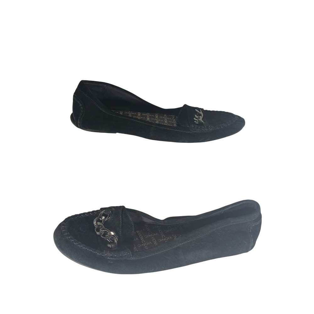 Vionic Mesa Loafers 8.5 Black Suede Chain Link Comfort Orthopedic Flats